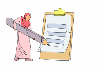 Poster - Continuous one line drawing Arab businesswoman mark checklist with pencil. Worker completion questionnaire task. Goal achievement planning schedule. Single line draw design vector graphic illustration