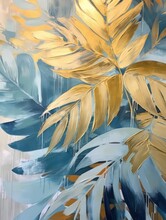 Canvas Poster With Grey-gold Tropical Leaves On Blue Background In Wallpaper Style By Generative AI