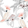 Cockatoo parrots, plumeria flowers, white background. Vector floral seamless pattern. Tropical illustration. Exotic plants, birds. Summer beach design. Paradise nature