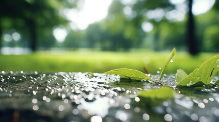 Partial close-up of raindrops falling on the ground, water ripples, cool summer background