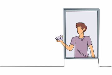 Poster - Single one line drawing man opens window. Summer or spring season, young guy with bird in arms. Happy male on balcony, fresh air. Plants, greenery. Continuous line design graphic vector illustration