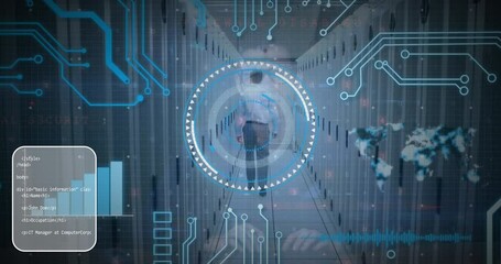 Poster - Animation of scope and data processing over male it technician and computer servers