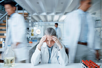 Wall Mural - Headache, laboratory scientist or frustrated woman overwhelmed with busy lab, anxiety or depression crisis. Pain, motion blur or senior person stress over science mistake, healthcare risk or migraine