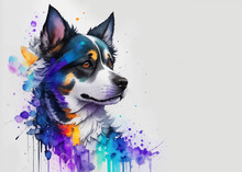 Watercolor Animal Illustration With Beautiful Dog Head On White Background. Aquarel Painted Style Pet Wallpaper Design For Banner, Poster, Invitation Or Cover.