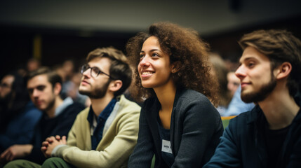 smart creative female student studying in university with diverse multiethnic classmates. young woma