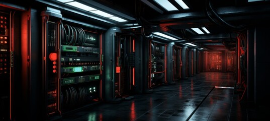 Fototapete - Underground data server room background. Generative AI technology.