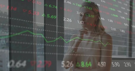 Poster - Animation of multicolored trading board over thoughtful caucasian woman standing in office