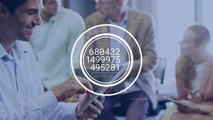 Poster - Animation of changing numbers in loading circles over smiling caucasian man using digital tablet