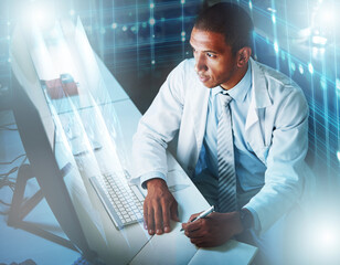 Poster - Science, future technology and writing notes for research overlay at computer with hologram, information and innovation. Scientist, study and review with holographic info, results or data on screen.