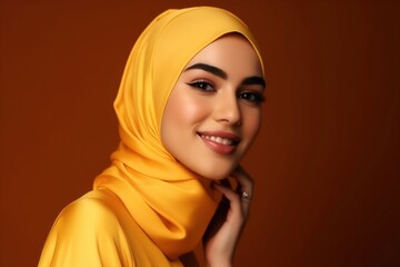 Smiling happy arab asian muslim woman in yellow hijab clothes isolated on yellow background studio portrait. Uae people middle east islam religious concept. generative AI