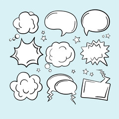 Set of speech bubble, textbox cloud of chat for comment, post, comic. Dialog box icon, message template. Different shape of empty balloons for talk on isolated background. cartoon vector illustration