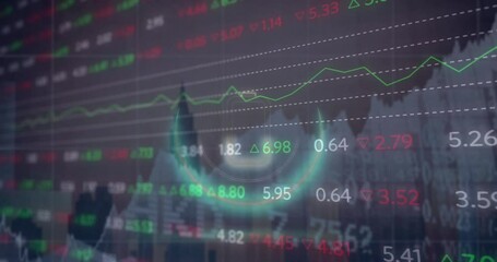Poster - Animation of battery icon in circle over multiple graphs and trading board against modern building