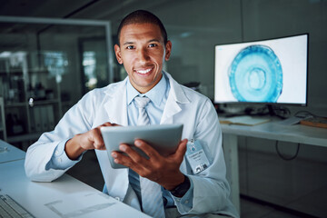Aufkleber - Tablet, report and scientist portrait with digital innovation, data and online in laboratory. African man, doctor and information technology for futuristic medical research with pharma healthcare