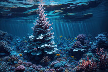 Christmas Tree Made Of Coral Underwater, Ai Art
