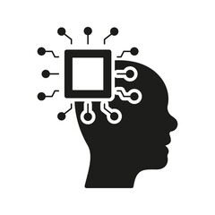 Poster - Artificial Intelligence Silhouette Icon. AI in Human Brain Glyph Pictogram. Digital Technology and Machine Learning Solid Sign. Intellectual Process in Cyberspace Symbol. Isolated Vector Illustration