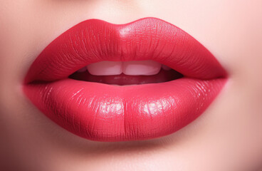 Woman's red lips closeup. Fillers or injection. Healthy skin. Generative AI