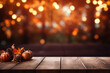 © barmaleeva - Empty dark wood table top with blurred bright Thanksgiving background. AI generated