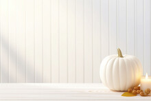 Thanksgiving White Pumpkin And Candle Decorations On A White Painted Wood Table. Halloween, Thanksgiving Party Concept. Festive Fall Design. AI Generated