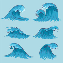 Vector Sea Waves Collection. Isolated Ocean Water Splash Set In Cartoon Style.