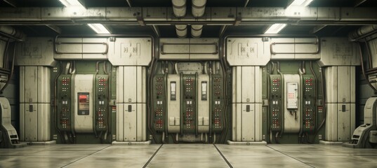 Fototapete - Underground data server room retro style background. Generative AI technology.