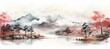 Japanese nature landscape traditional oriental painting style background. Generative AI technology.	