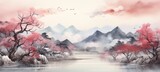 Fototapeta Natura - Riverside, cherry blossoms trees, and mountain landscape traditional oriental painting style background. Generative AI technology.	