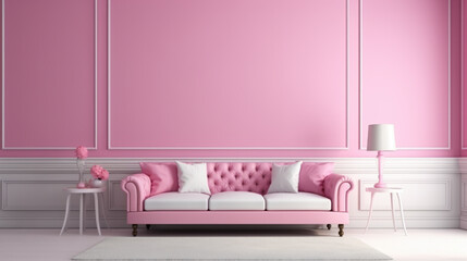 A living room with a pink couch and a lamp. Digital image.