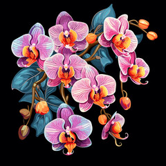 Canvas Print - Tropical orchid flowers on dark background in vector pop art style