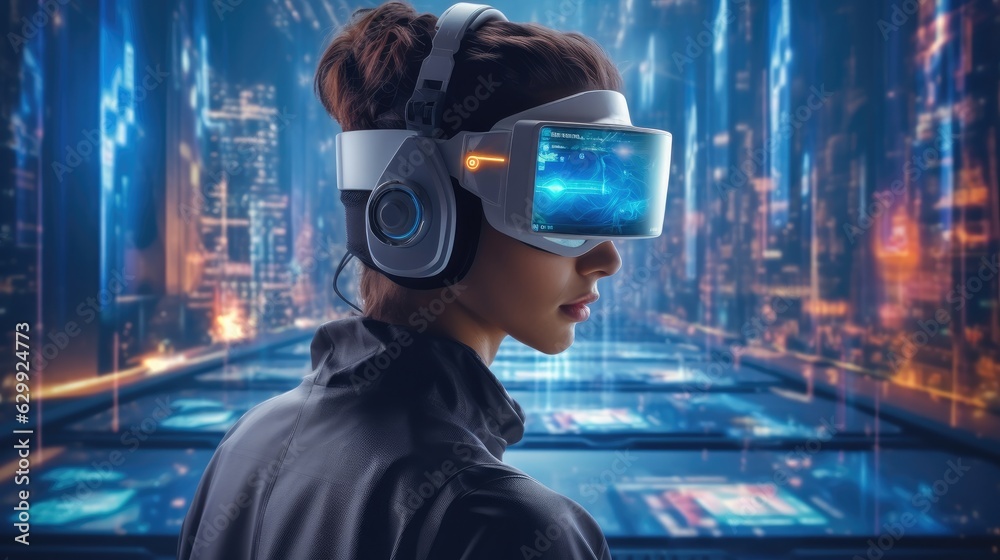 Cyberpunk hacker in a futuristic setting, surrounded by holographic ...