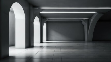 Poster - Dark wall in stylish empty gallery hall with huge columns, Modern architecture.