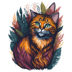 Wall Mural - Watercolor Illustration Cat's Face PNG Design,  Can be used for the logo, t-shirt design, posters, banners, greetings, print design, generative ai	
