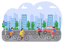 Environmentally Friendly City. Bike Lane. People Ride Bicycles.