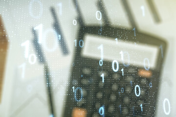 Aufkleber - Abstract virtual binary code sketch on calculator background, hacking and matrix concept. Multiexposure