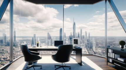 Poster - Executive room office situated high above the metropolis and large windows with city view.