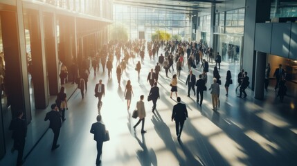 Business people in corridor of office building rush houre in modern office corridor with people walking busy and motion movement,ai generate