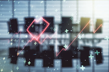 Poster - Abstract virtual heart rate sketch on a modern boardroom background, Medicine and healthcare concept. Multiexposure