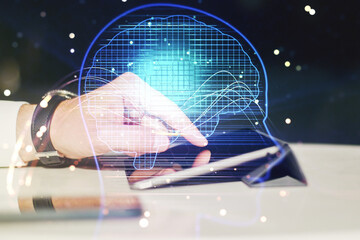 Aufkleber - Double exposure of creative artificial Intelligence symbol with finger clicks on a digital tablet on background. Neural networks and machine learning concept
