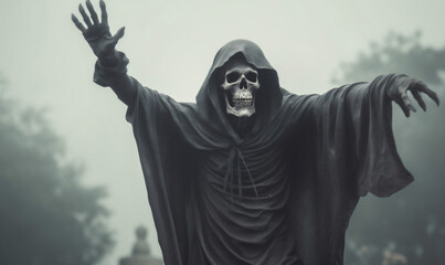 Wall Mural - horror death halloween creepy hood skeleton ghost night fear evil. Generative AI.