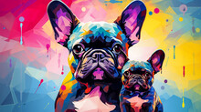 French Bulldog Mom And Her Puppy Vector Illustration In Abstract Mixed Grunge Colors Digital Painting In Minimal Graphic Art Style. Digital Illustration Generative AI.