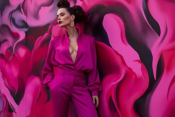 Wall Mural - Fashion dressed stylish woman in trendy viva magenta colors with street pink graffiti. Generative ai