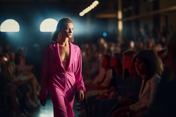 Wall Mural - Stylish woman walk on podium in magenta color dress in fashion show. Generative ai