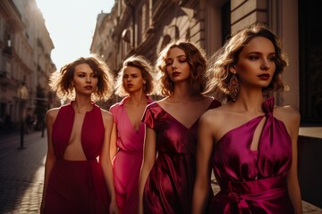 Wall Mural - Group of female models dressed in trendy viva magenta color dress. Generative ai