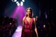 Stylish woman walk on podium in viva magenta color dress in fashion show. Generative ai