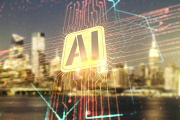 Poster - Double exposure of creative artificial Intelligence icon on blurry cityscape background. Neural networks and machine learning concept