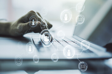 Poster - Social network concept with hands typing on laptop on background. Multiexposure