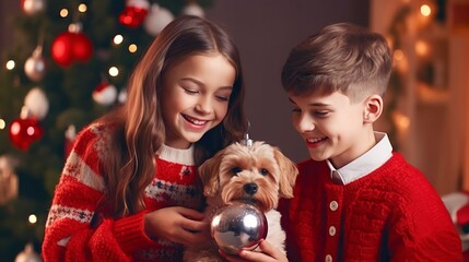 Wall Mural - family with children and dog Celebrating Christmas at home