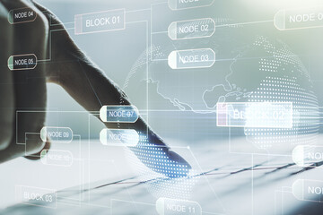 Poster - Multi exposure of abstract software development hologram with world map and hands typing on computer keyboard on background, global research and analytics concept
