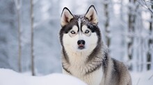 Siberian Husky Dog Outside In A Snowy Climate