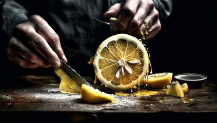 Realistic image of hands cutting lemon with knife. AI generated