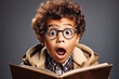 Excited School little Boy with big glasses Holding Book Looking At Camera In Amazement Posing. Back to school concept.